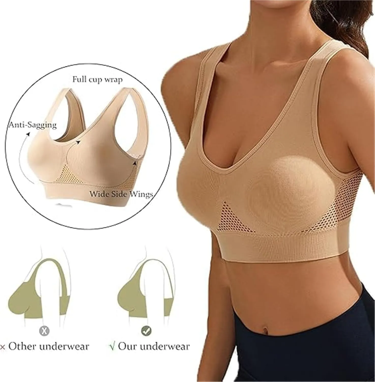 Visulong Breathable Cool Liftup Air Bra, Breathable Anti-Sagging Breasts Bra, Wireless Cool Liftup Air Bra for Women(White,XX-Large)