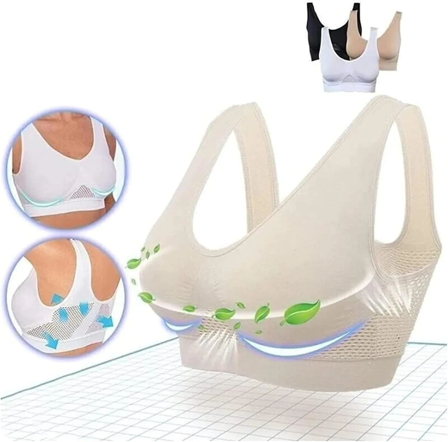 Visulong Breathable Cool Liftup Air Bra, Breathable Anti-Sagging Breasts Bra, Wireless Cool Liftup Air Bra for Women(White,XX-Large)