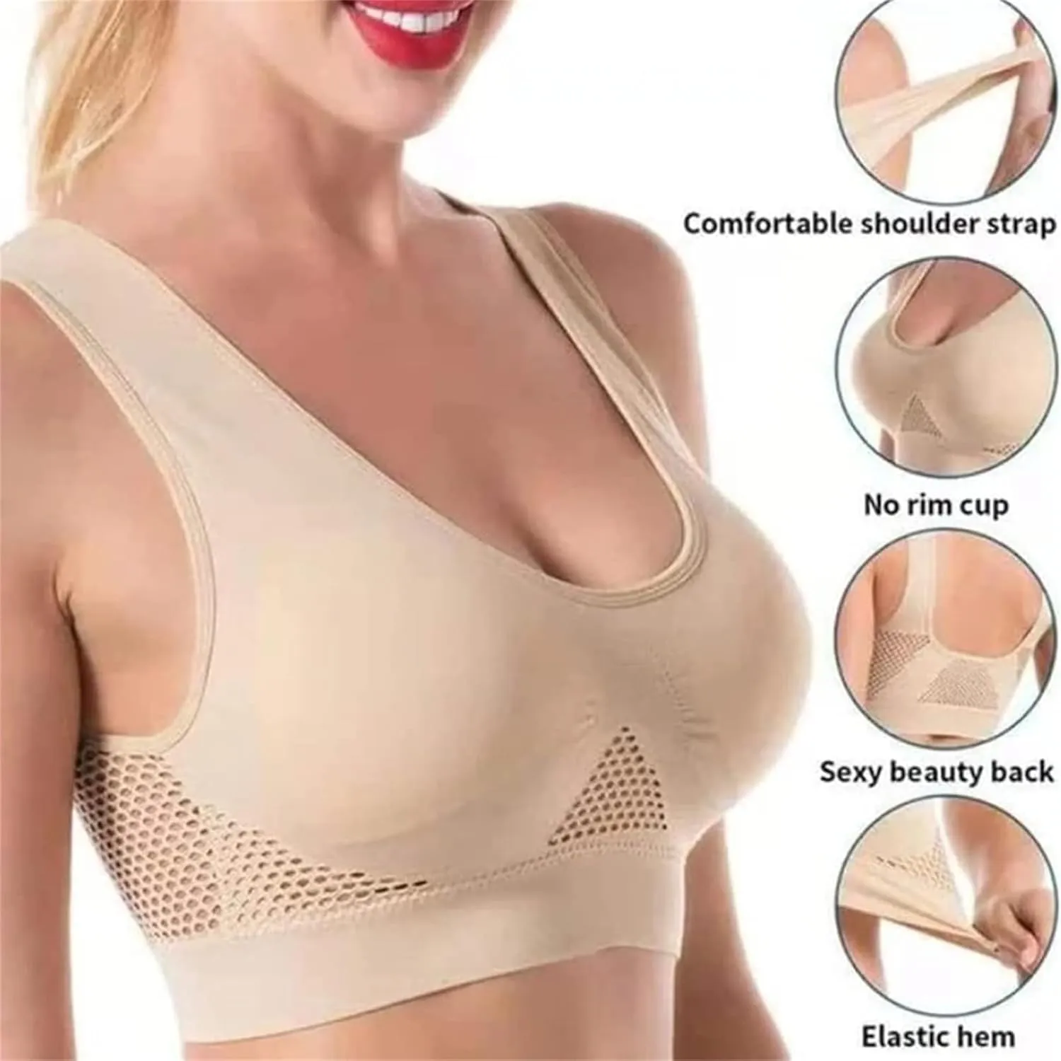 Visulong Breathable Cool Liftup Air Bra, Breathable Anti-Sagging Breasts Bra, Wireless Cool Liftup Air Bra for Women(White,XX-Large)