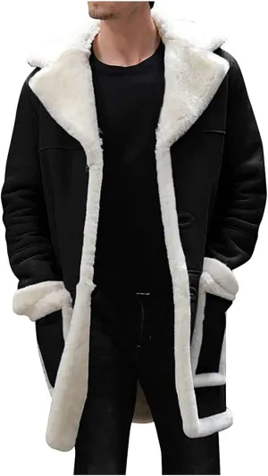 Warm Fleece Jacket for Mens Artificial Lined Hooded Retro Long Jacket Coat Winter Jackets for Men