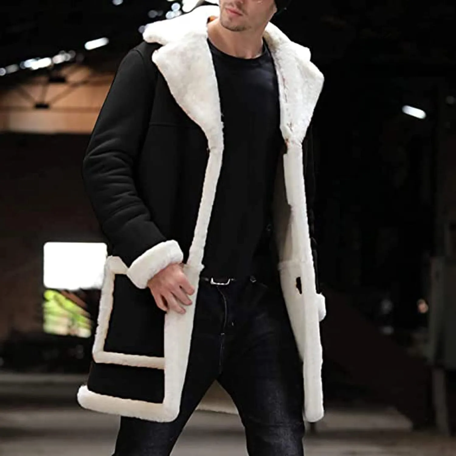 Warm Fleece Jacket for Mens Artificial Lined Hooded Retro Long Jacket Coat Winter Jackets for Men