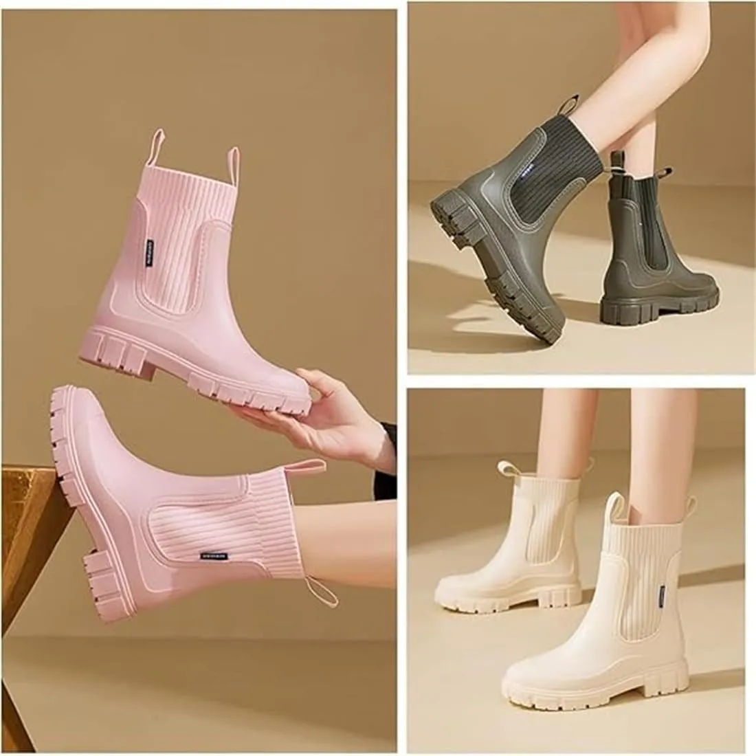 Waterproof Non-Slip Thick Sole Mid-Calf Boots, Ankle Rain Boots for Women Outdoor Garden Elastic Mouth Slip-On Soft Outsole Chelsea Booties