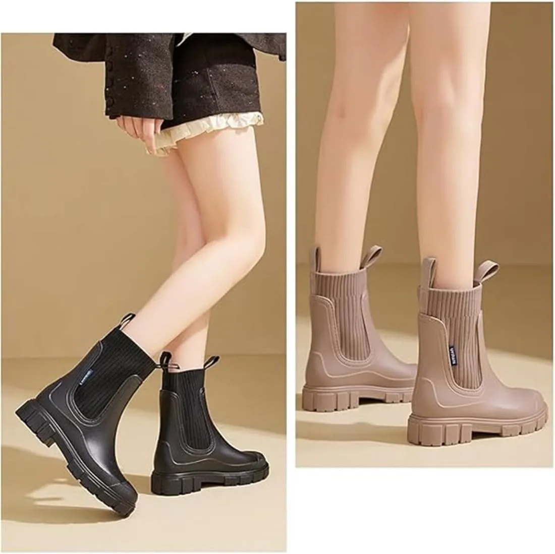 Waterproof Non-Slip Thick Sole Mid-Calf Boots, Ankle Rain Boots for Women Outdoor Garden Elastic Mouth Slip-On Soft Outsole Chelsea Booties