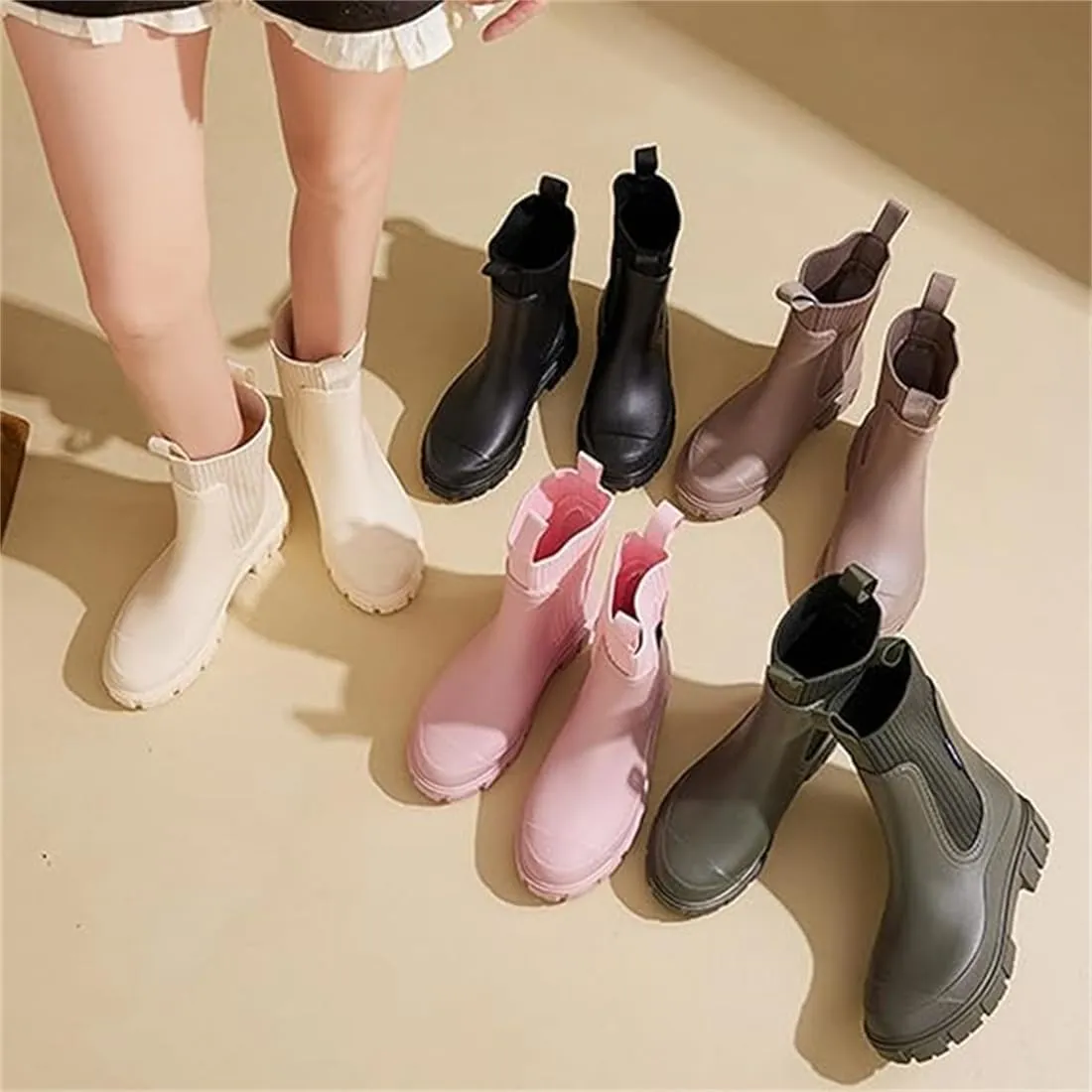 Waterproof Non-Slip Thick Sole Mid-Calf Boots, Ankle Rain Boots for Women Outdoor Garden Elastic Mouth Slip-On Soft Outsole Chelsea Booties