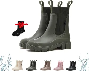 Waterproof Non-Slip Thick Sole Mid-Calf Boots, Ankle Rain Boots for Women Outdoor Garden Elastic Mouth Slip-On Soft Outsole Chelsea Booties