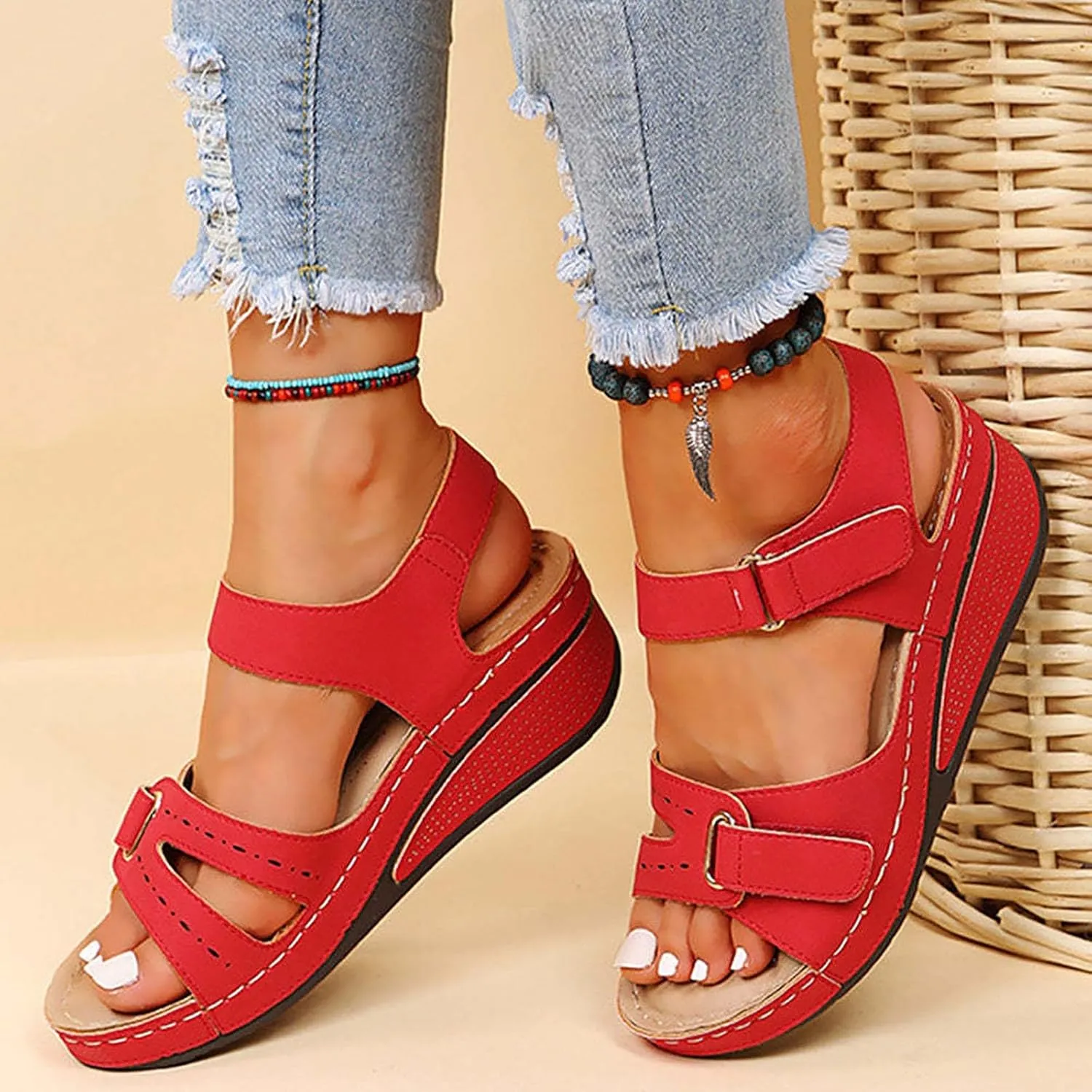 Wedge Sandals for Women 2025 Dressy Wide Width Orthopedic Shoes with Arch Support Summer Slip On Massage Sandals Comfort Ankle Strap Beach Shoes