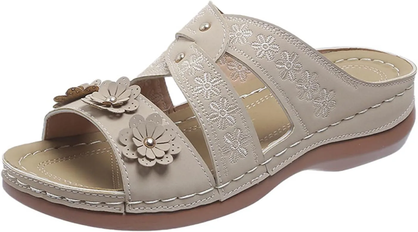 Wedge Sandals for Women Comfortable Orthopedic Sandals Casual Slip on Summer Shoes, Open Toe Flower Strap Platform Walking Slippers Beach Walking Sandal All Day Comfort