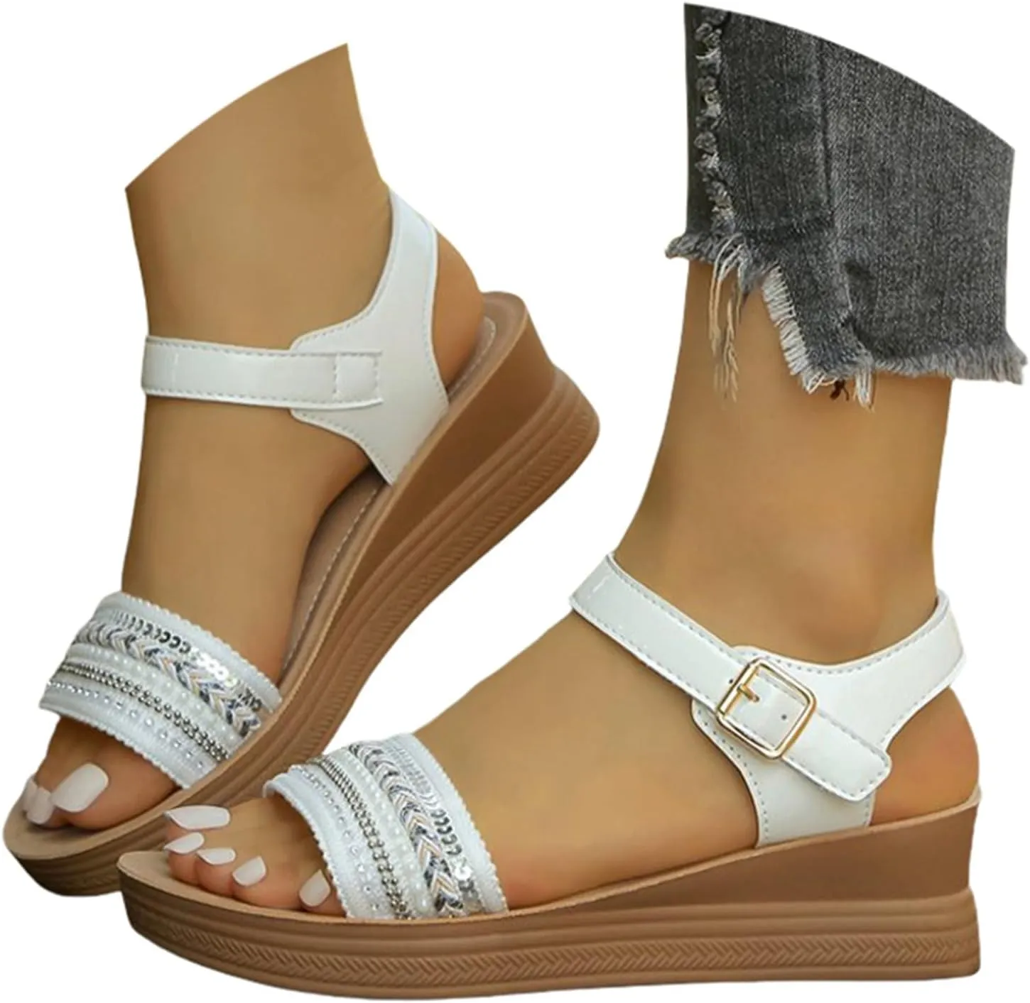 Wedge Sandals for Women Low Dressy Summer Slip On Pearl Dress Sandals Trendy Ankle Strap Adjustable Buckle Walking Shoes