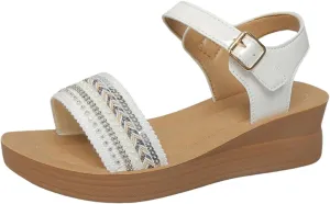 Wedge Sandals for Women Low Dressy Summer Slip On Pearl Dress Sandals Trendy Ankle Strap Adjustable Buckle Walking Shoes