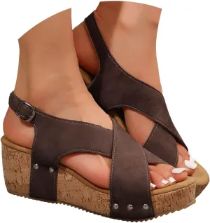 Wedges & Platform Slides,Womens Comfy Wedge Orthopedic Sandals Summer Cork Casual Strap Fish Mouth Comfortable Strappy Casual Shoes Non Slip-on Open Toe Thick Sole Leather Slingback Sandal