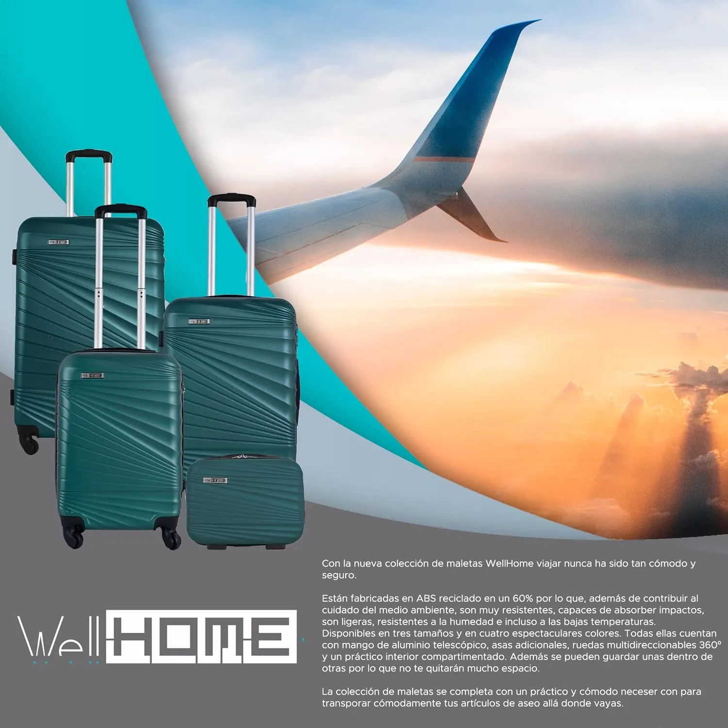 WELL HOME MOBILIARIO & DECORACIN Set of 3 Suitcases Cabin 22"/Medium 26"/Toiletry Bag 9", Green, 26 pulgadas, Rigid Suitcase Games