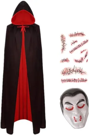 Wizard Cloak Christmas Halloween Witch Party Hooded Cloak Adult Vampires Cape Cloak with Mask Adults and Kids(01,150cm)