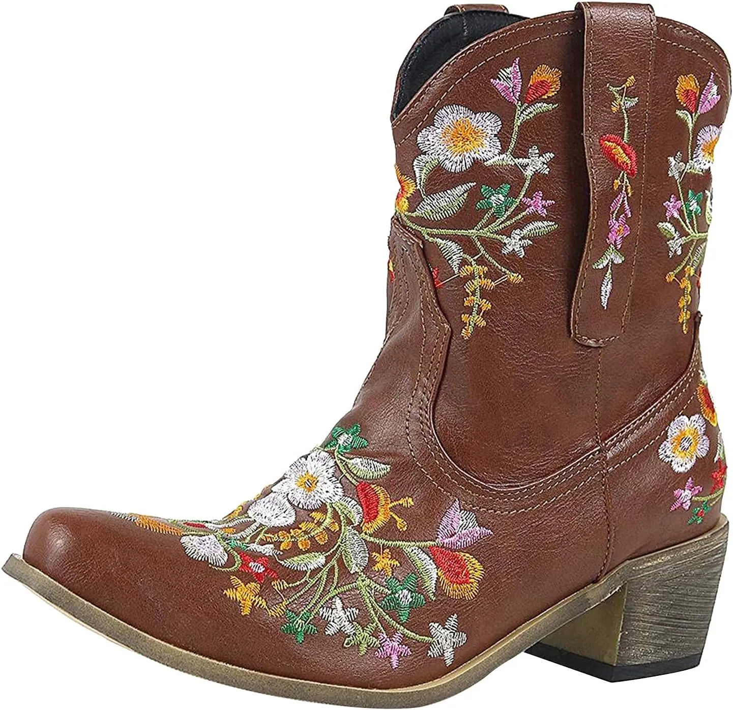 Women Cowgirl Boots Wide Calf Cowboy Boots Women Mid Calf Retro Cowboy Boots Pointed Toe Embroidered Cowgirl Boots