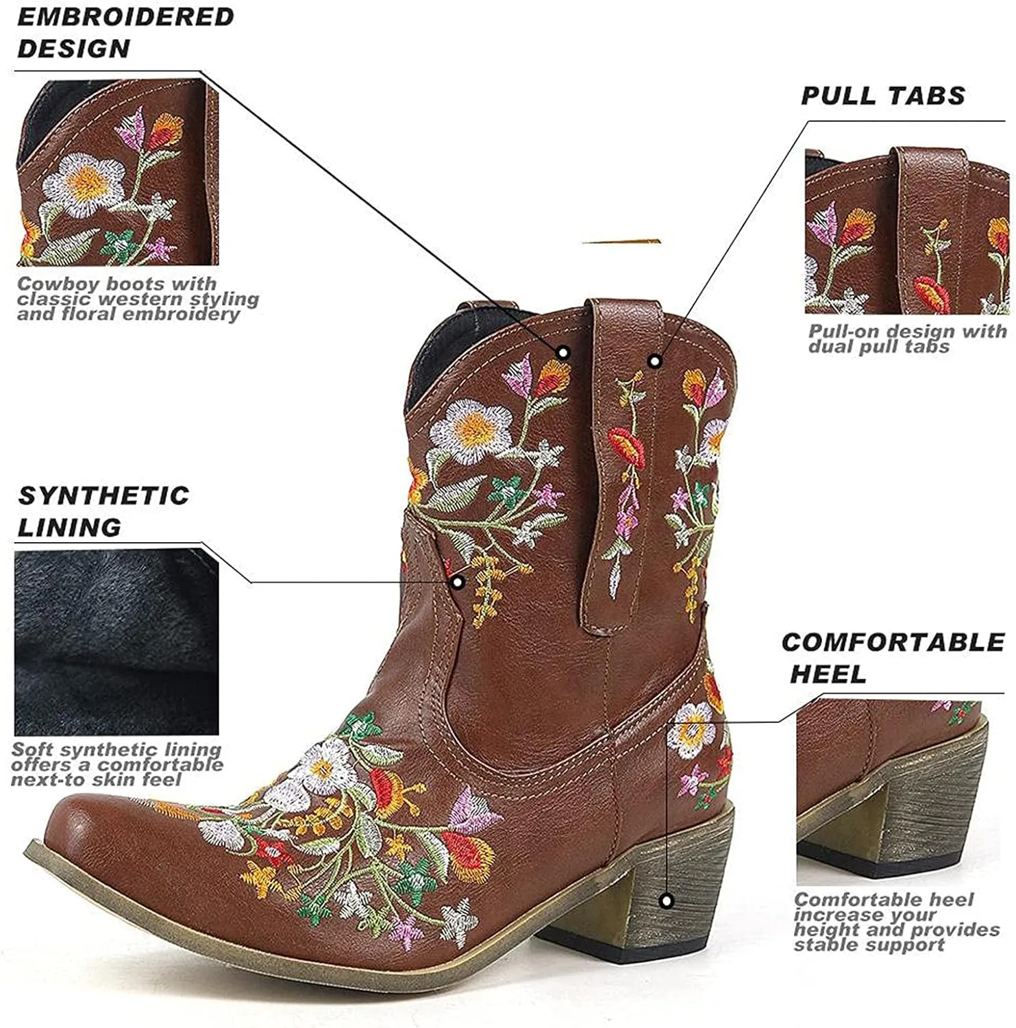 Women Cowgirl Boots Wide Calf Cowboy Boots Women Mid Calf Retro Cowboy Boots Pointed Toe Embroidered Cowgirl Boots