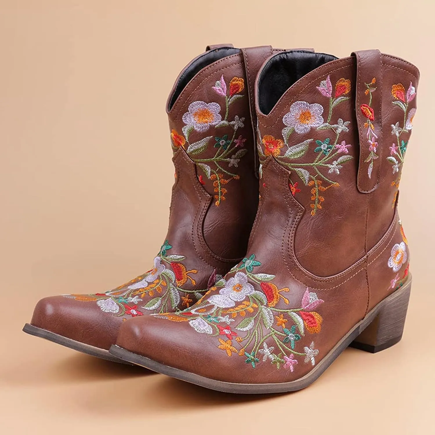 Women Cowgirl Boots Wide Calf Cowboy Boots Women Mid Calf Retro Cowboy Boots Pointed Toe Embroidered Cowgirl Boots
