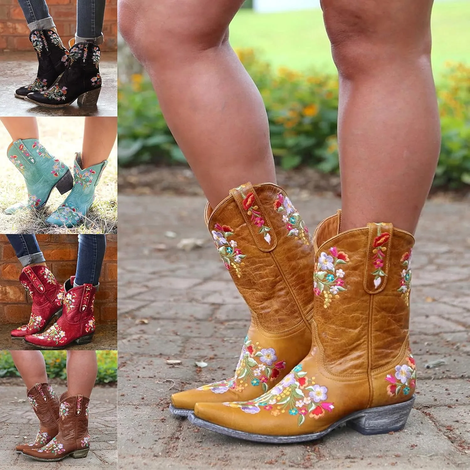 Women Cowgirl Boots Wide Calf Cowboy Boots Women Mid Calf Retro Cowboy Boots Pointed Toe Embroidered Cowgirl Boots