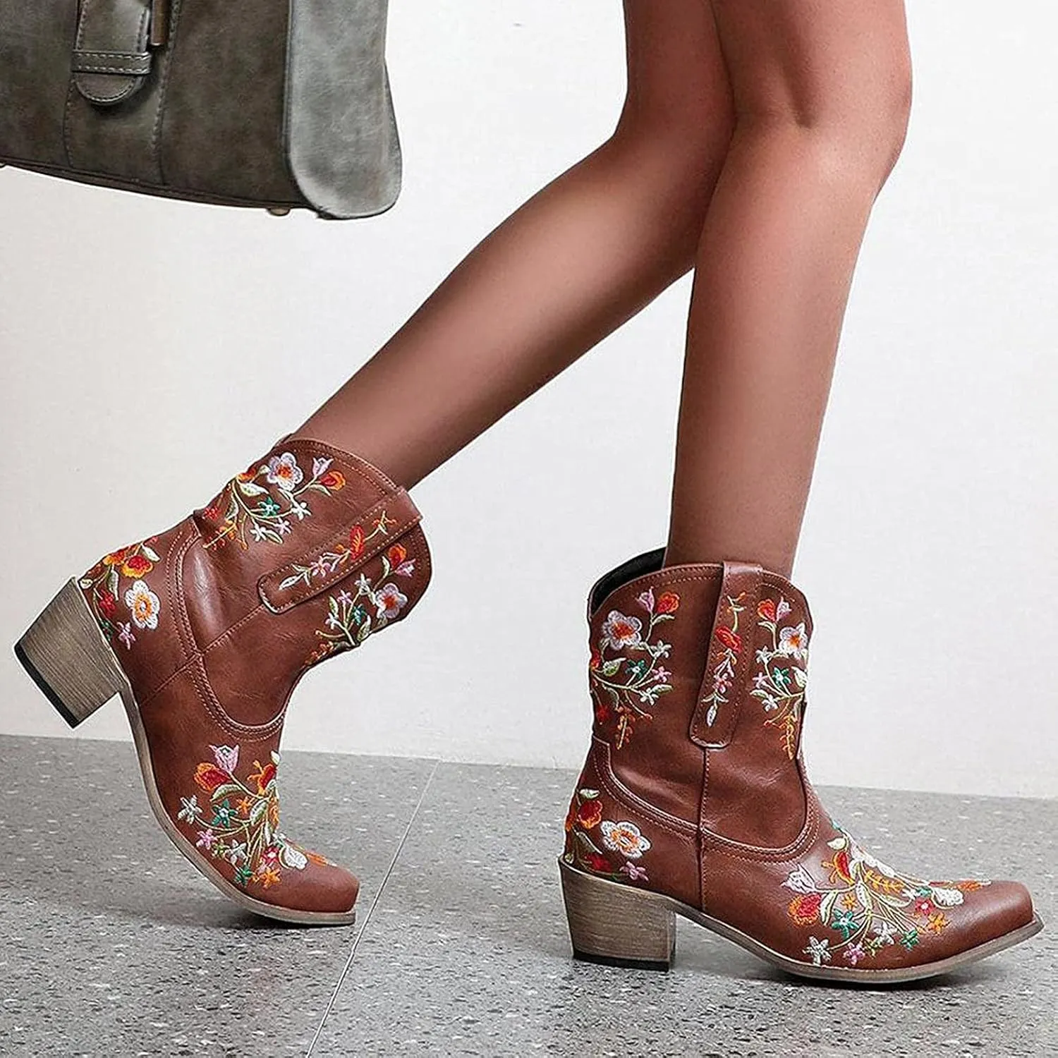Women Cowgirl Boots Wide Calf Cowboy Boots Women Mid Calf Retro Cowboy Boots Pointed Toe Embroidered Cowgirl Boots