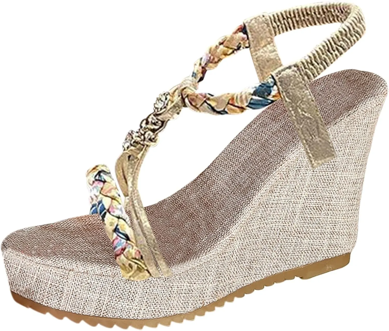 Women Espadrille Wedge Sandals Casual Open Toe Platform Bohemian Sandals Elastic Ankle Strap Beach Shoes Summer Slip On Dress Shoes