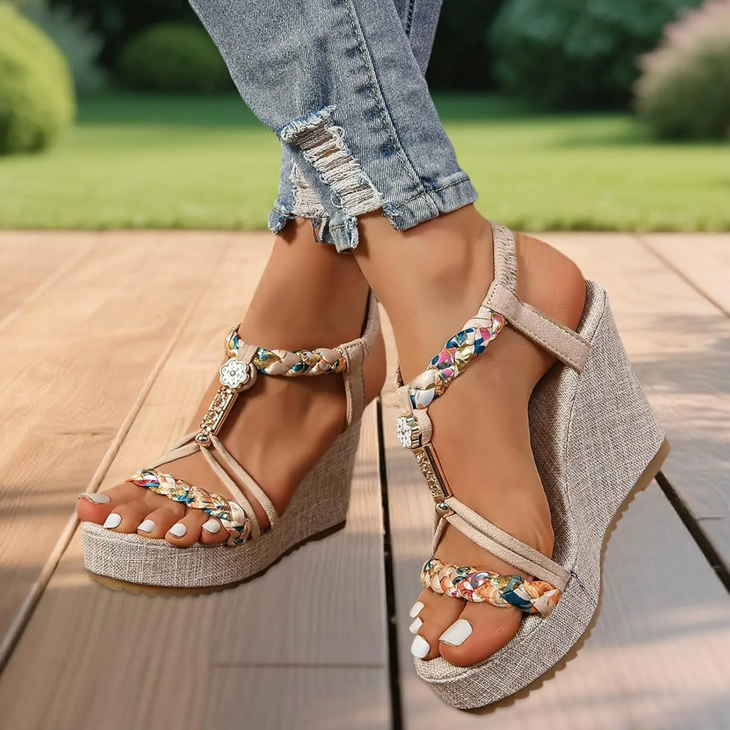 Women Espadrille Wedge Sandals Casual Open Toe Platform Bohemian Sandals Elastic Ankle Strap Beach Shoes Summer Slip On Dress Shoes