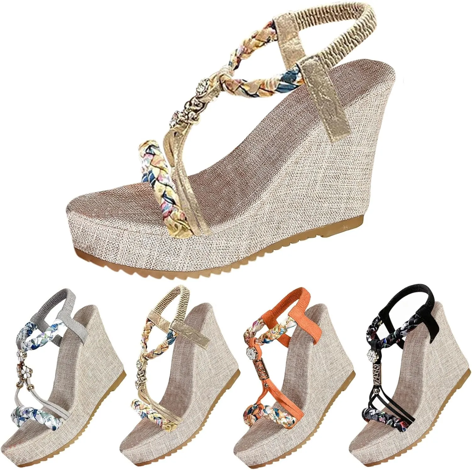 Women Espadrille Wedge Sandals Casual Open Toe Platform Bohemian Sandals Elastic Ankle Strap Beach Shoes Summer Slip On Dress Shoes