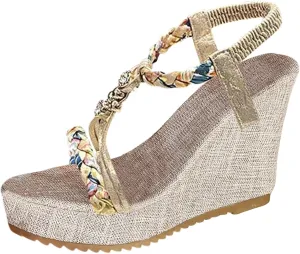 Women Espadrille Wedge Sandals Casual Open Toe Platform Bohemian Sandals Elastic Ankle Strap Beach Shoes Summer Slip On Dress Shoes