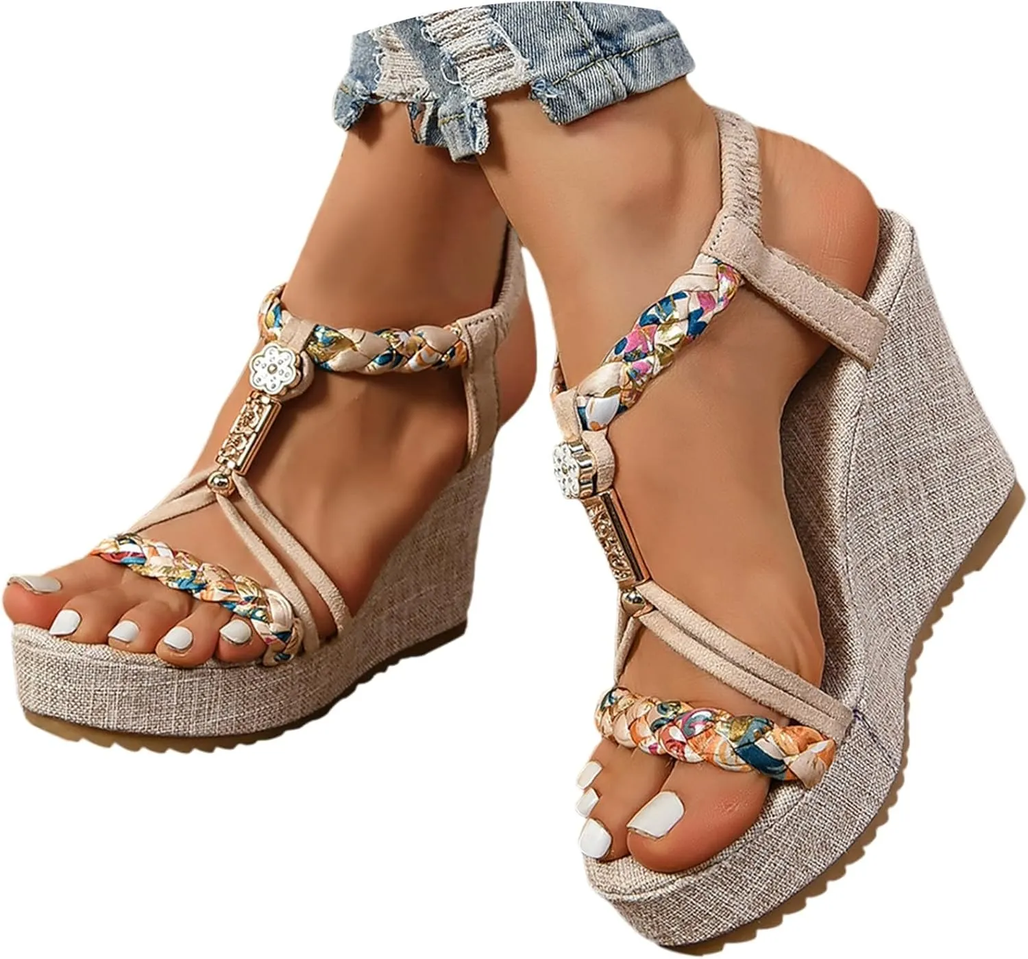 Women Espadrille Wedge Sandals Casual Open Toe Platform Bohemian Sandals Elastic Ankle Strap Beach Shoes Summer Slip On Dress Shoes