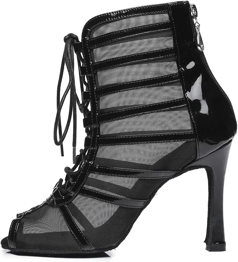 Women Latin Dance Boots Open Toe Ballroom Salsa Dancing Heels Shoes Ankle Dance Booties