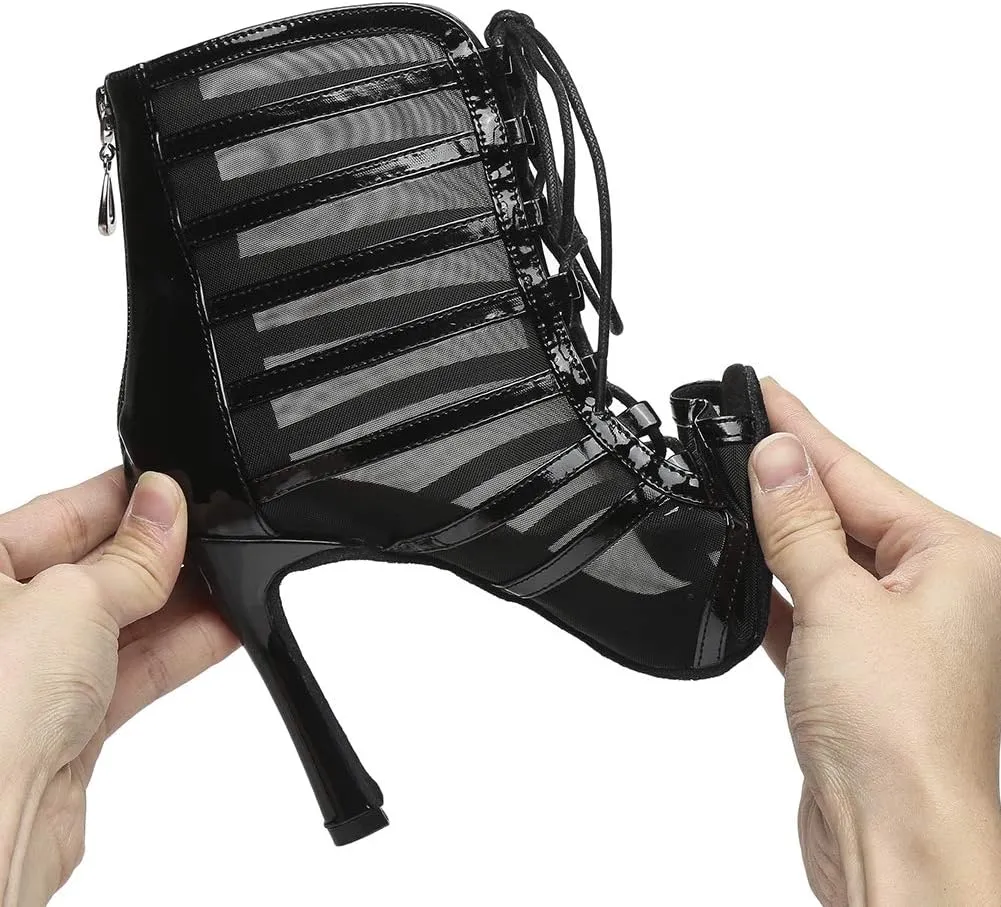 Women Latin Dance Boots Open Toe Ballroom Salsa Dancing Heels Shoes Ankle Dance Booties