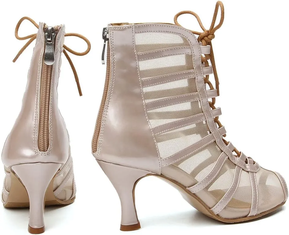 Women Latin Dance Boots Open Toe Ballroom Salsa Dancing Heels Shoes Ankle Dance Booties