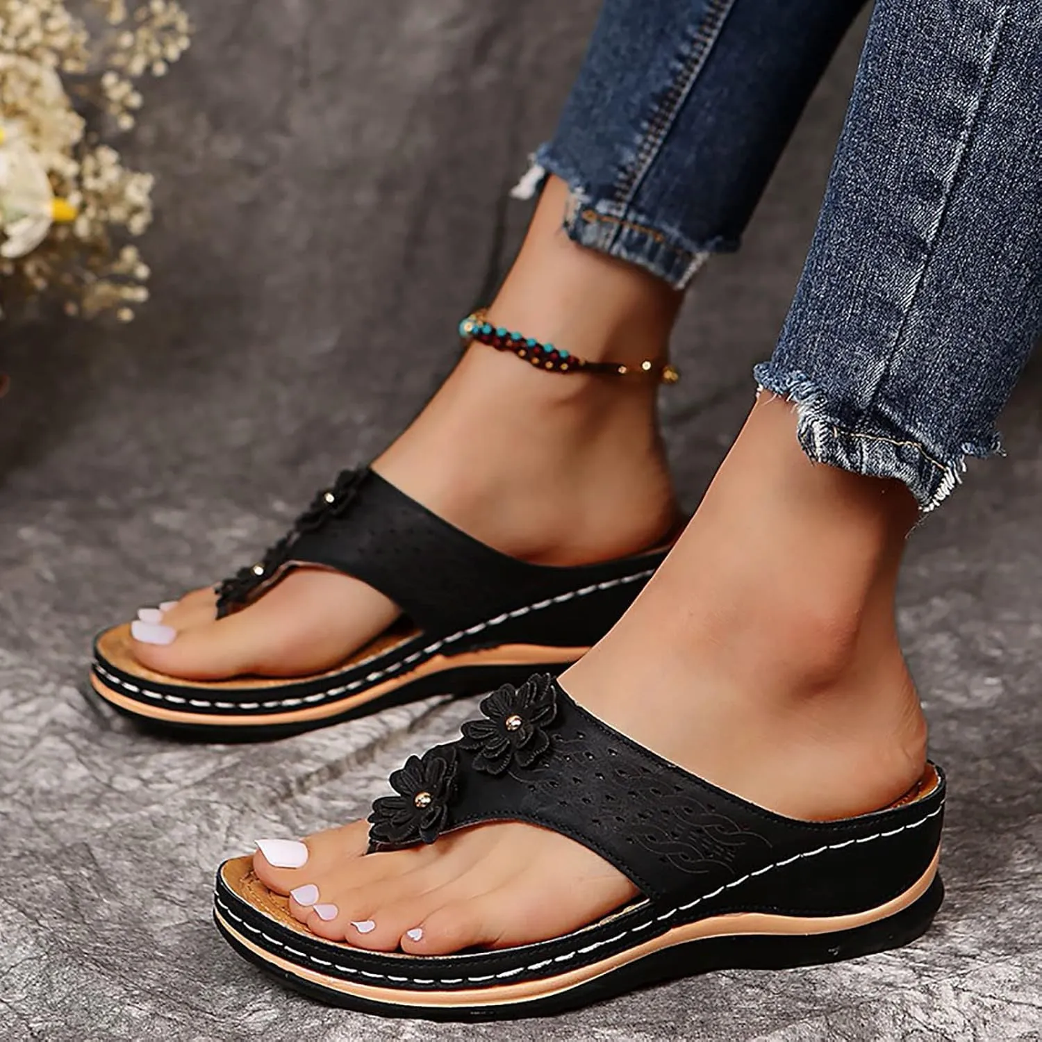 Women Wedge Orthopedic Flip-Flops Open Toe Breathable Platform Ankle Sandals Casual Comfortable Outdoor Shoes Walking Slippers with Arch Support