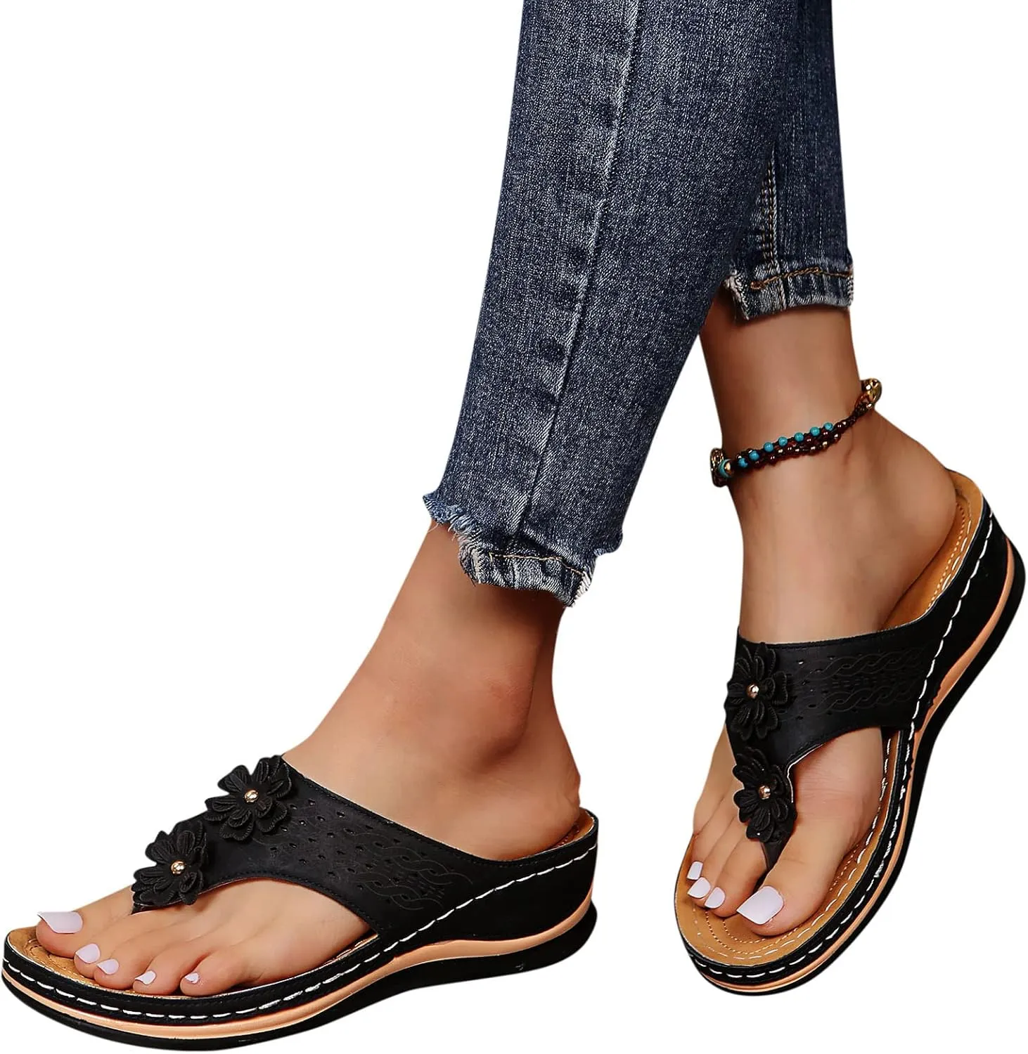 Women Wedge Orthopedic Flip-Flops Open Toe Breathable Platform Ankle Sandals Casual Comfortable Outdoor Shoes Walking Slippers with Arch Support