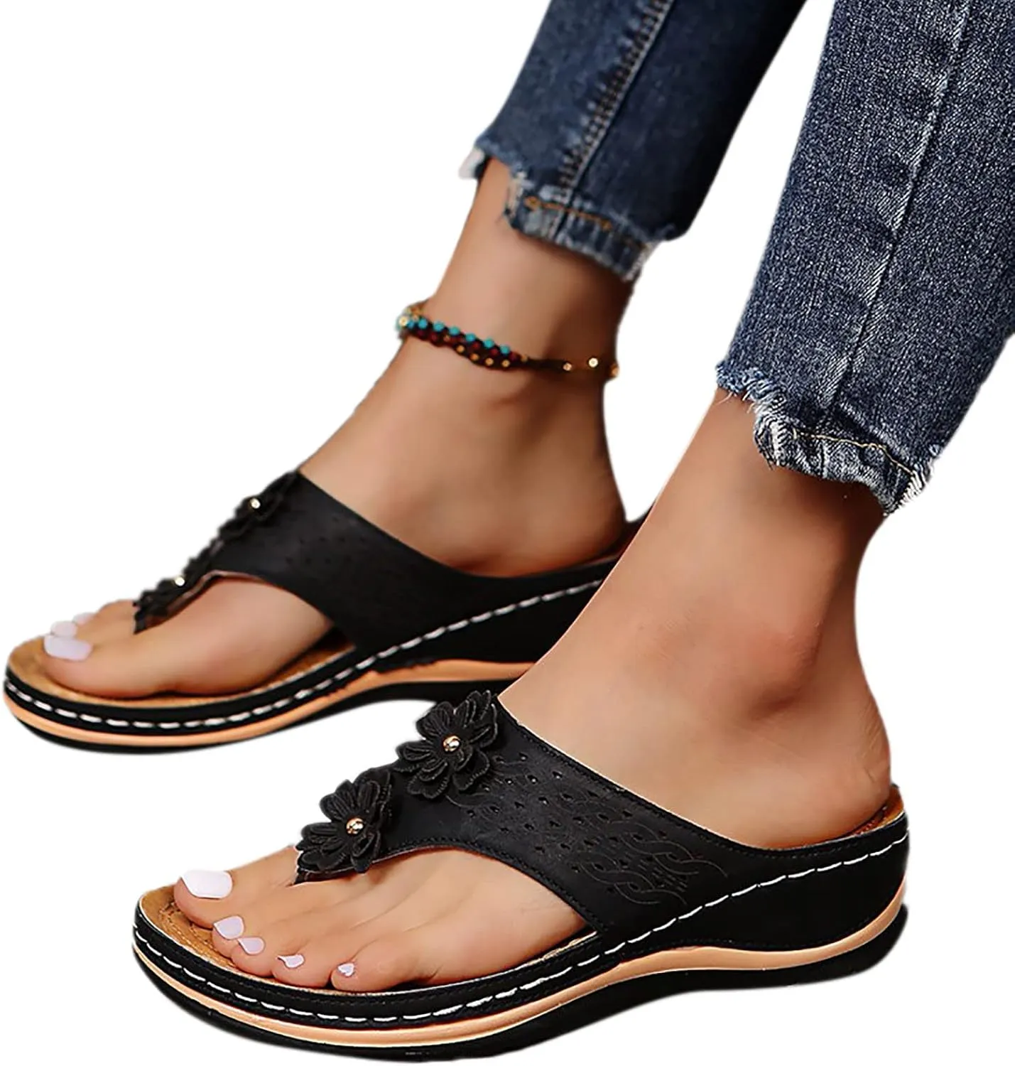 Women Wedge Orthopedic Flip-Flops Open Toe Breathable Platform Ankle Sandals Casual Comfortable Outdoor Shoes Walking Slippers with Arch Support