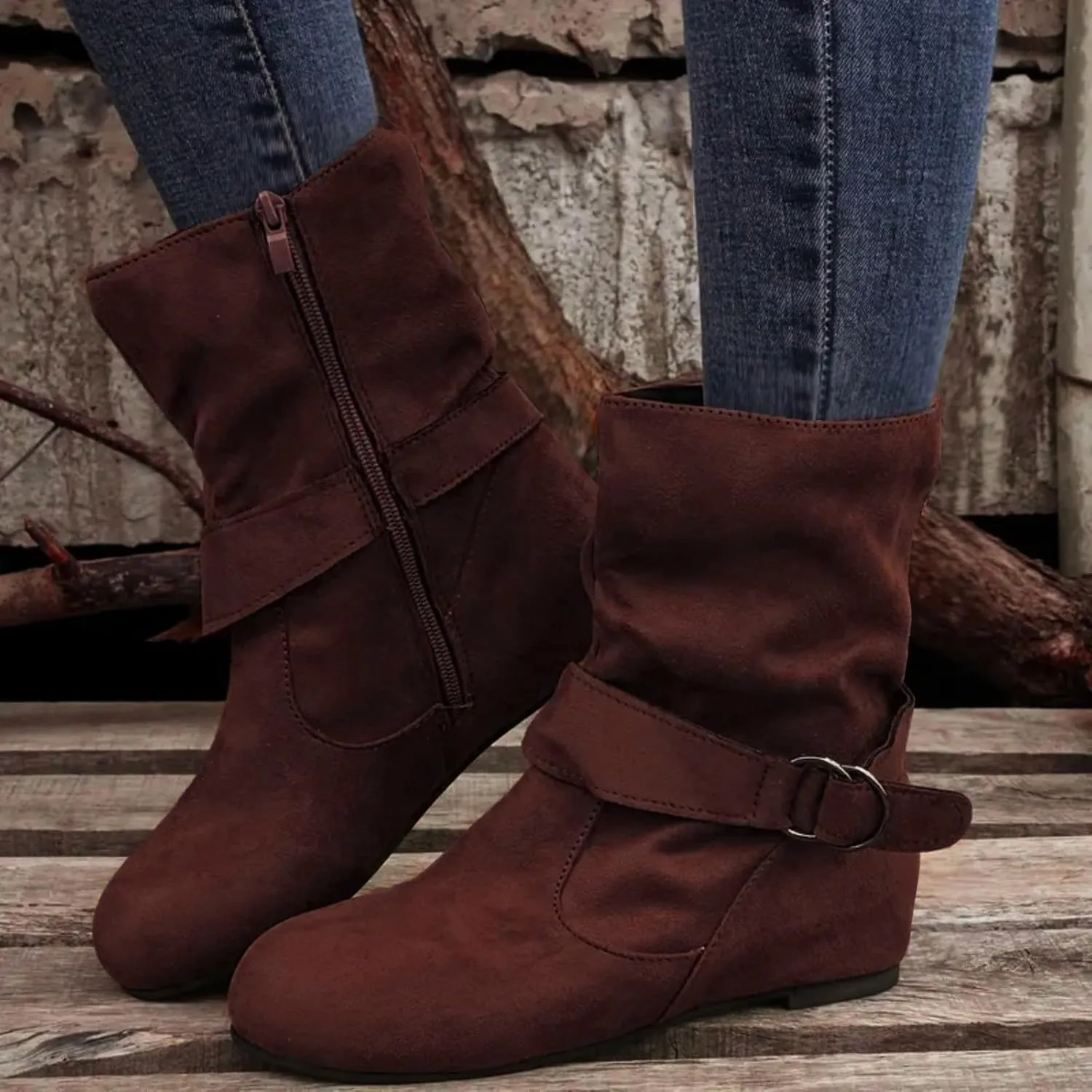 Women'Dressy Mid Calf Boots Women Fashion Low Heel Boots Low Heels Fashionable Casual Mid Calf Round Toe Women Boots