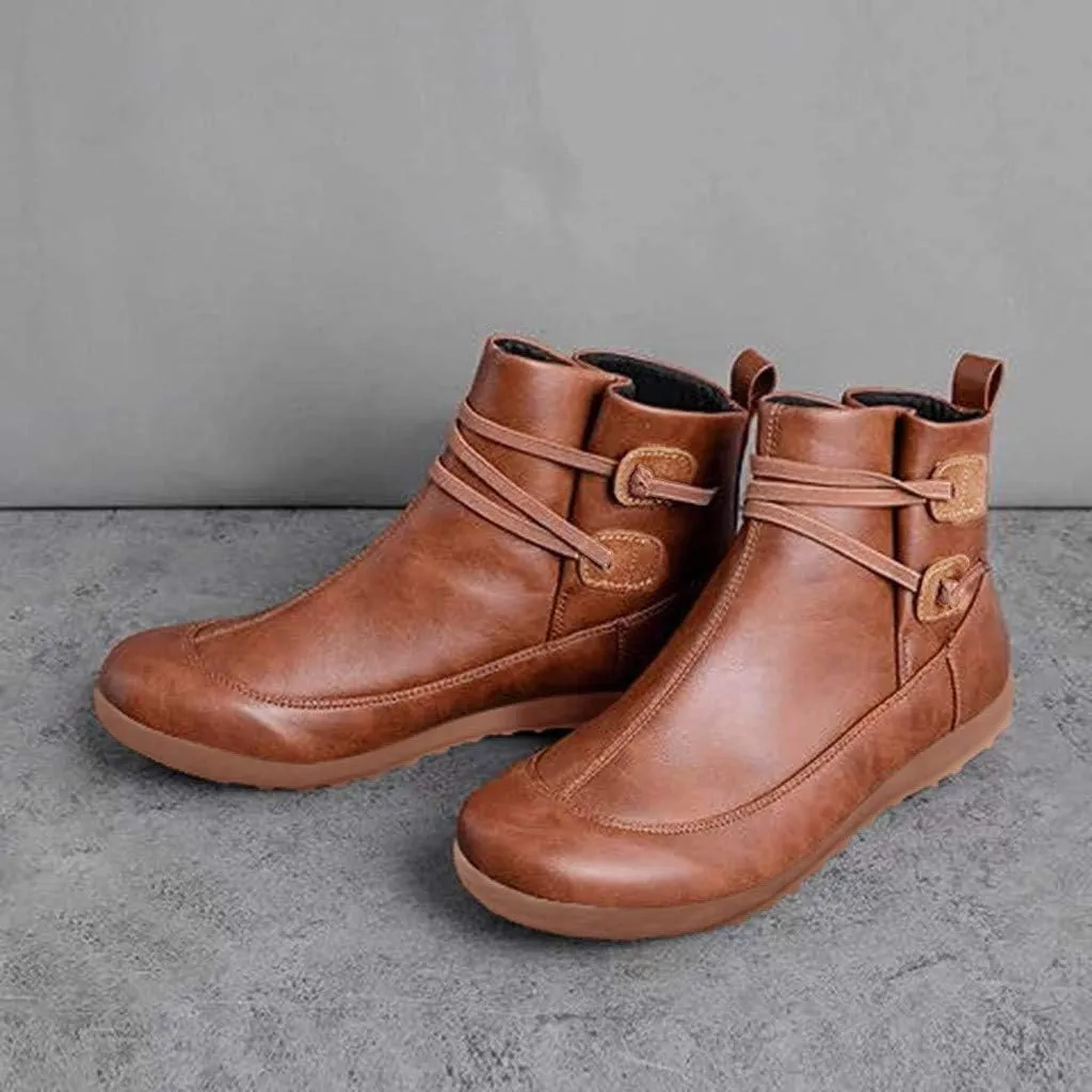 Women's Ankle Booties Fashion Arch Support Flat Heel Boots Vintage Leather Side Zip up Booties with Fall Winter