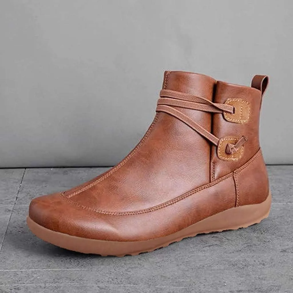 Women's Ankle Booties Fashion Arch Support Flat Heel Boots Vintage Leather Side Zip up Booties with Fall Winter
