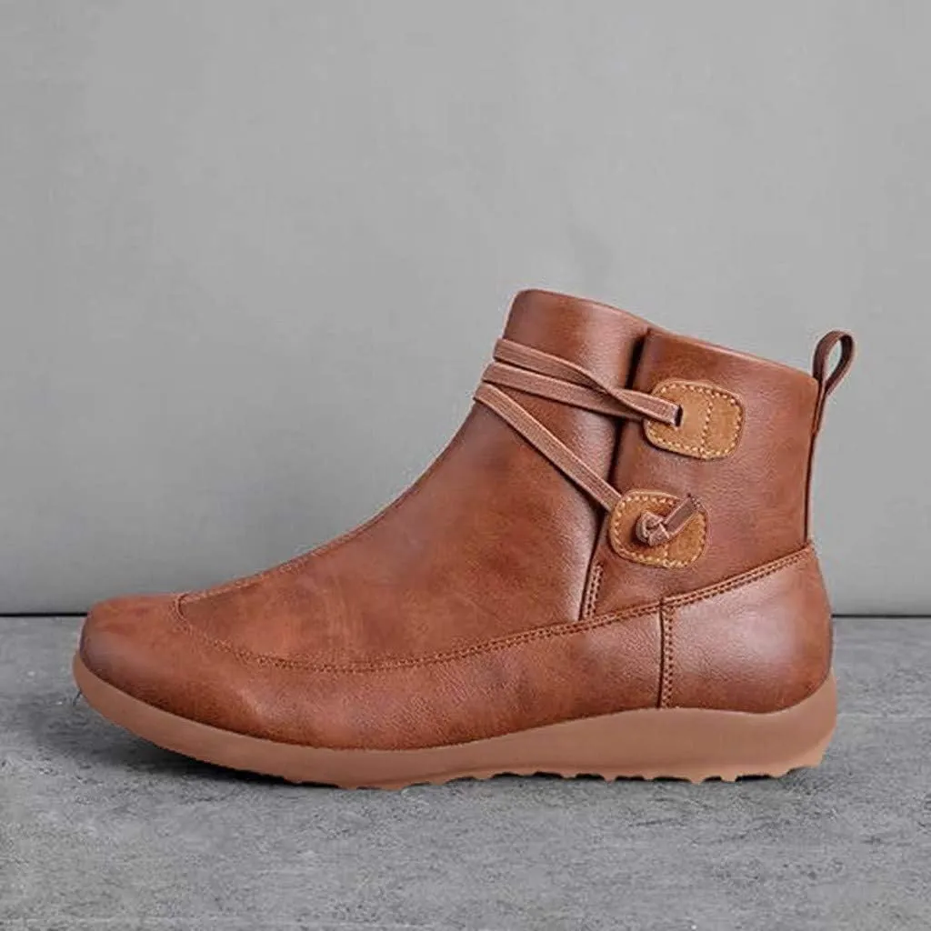 Women's Ankle Booties Fashion Arch Support Flat Heel Boots Vintage Leather Side Zip up Booties with Fall Winter