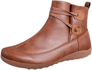 Women's Ankle Booties Fashion Arch Support Flat Heel Boots Vintage Leather Side Zip up Booties with Fall Winter