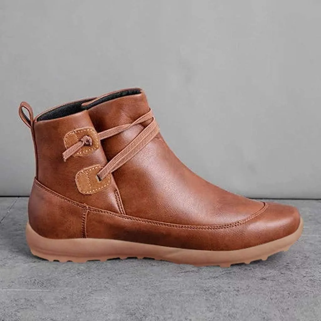Women's Ankle Booties Fashion Arch Support Flat Heel Boots Vintage Leather Side Zip up Booties with Fall Winter