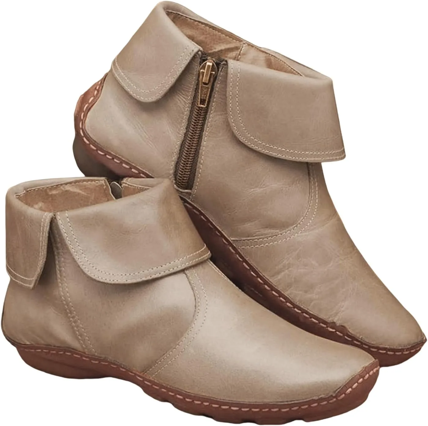 Womens Ankle Booties No Heel Arch Support Boots Side Zipper Vintage Leather Boots Flat Heel Dressy Booties
