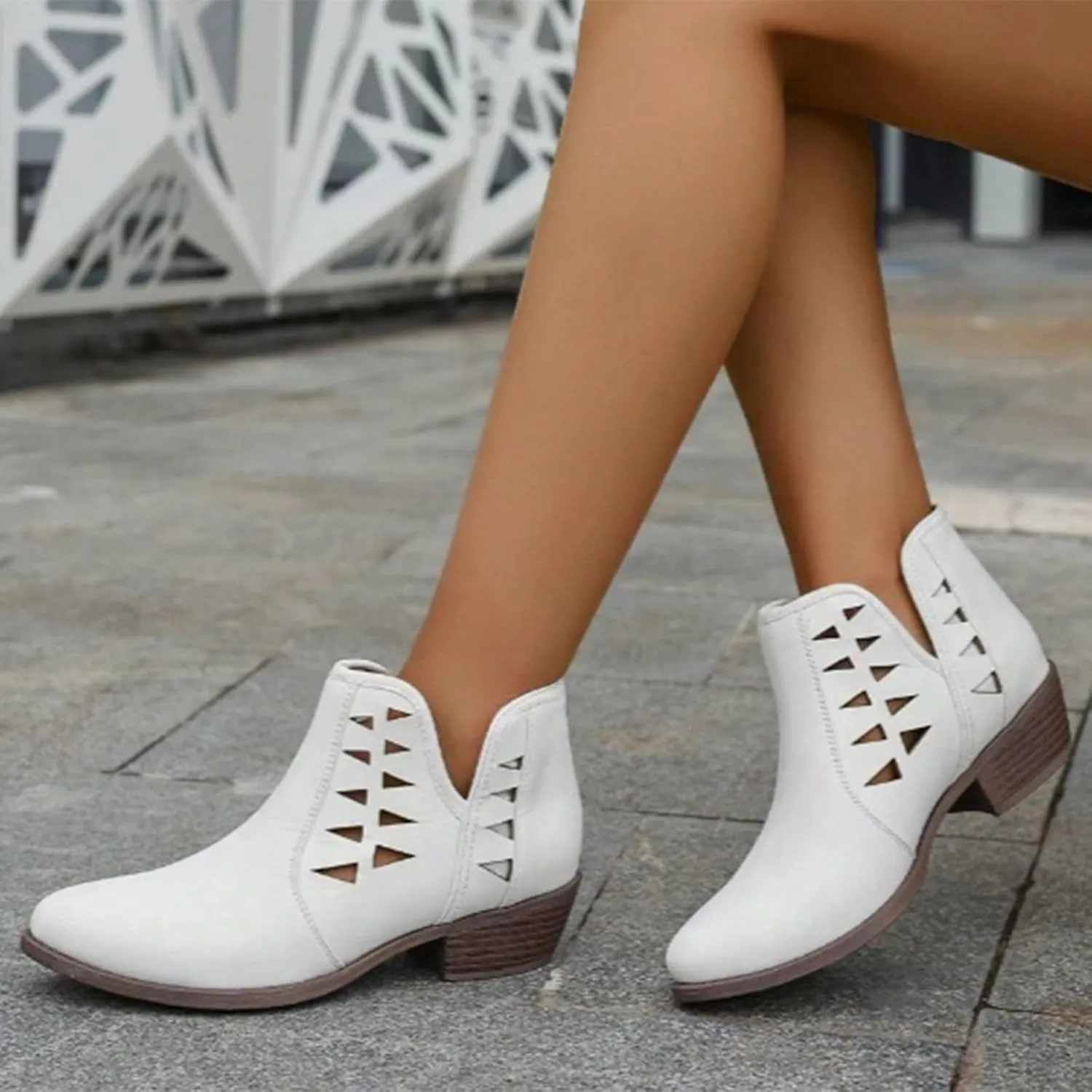 Women's Ankle Boots & Booties Low Heel Winter Boots for Women 2024 Fashion Casual V-Cut Triangle Shape Hollow Shoes