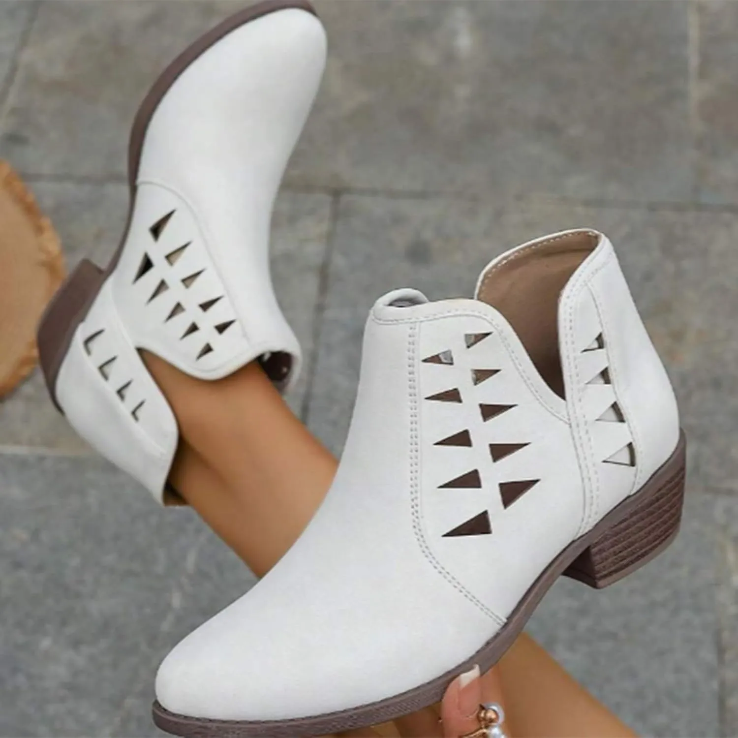 Women's Ankle Boots & Booties Low Heel Winter Boots for Women 2024 Fashion Casual V-Cut Triangle Shape Hollow Shoes