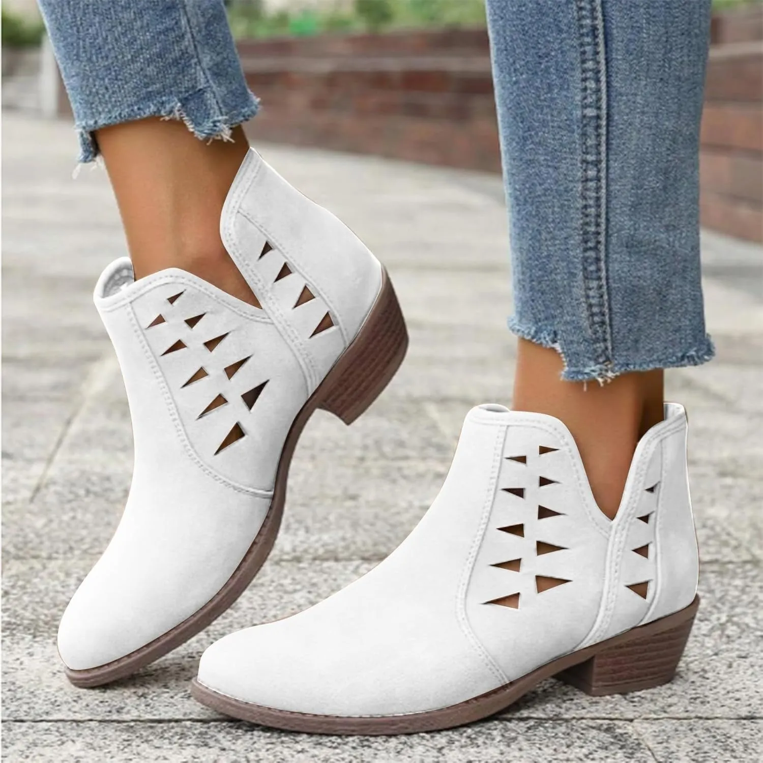 Women's Ankle Boots & Booties Low Heel Winter Boots for Women 2024 Fashion Casual V-Cut Triangle Shape Hollow Shoes