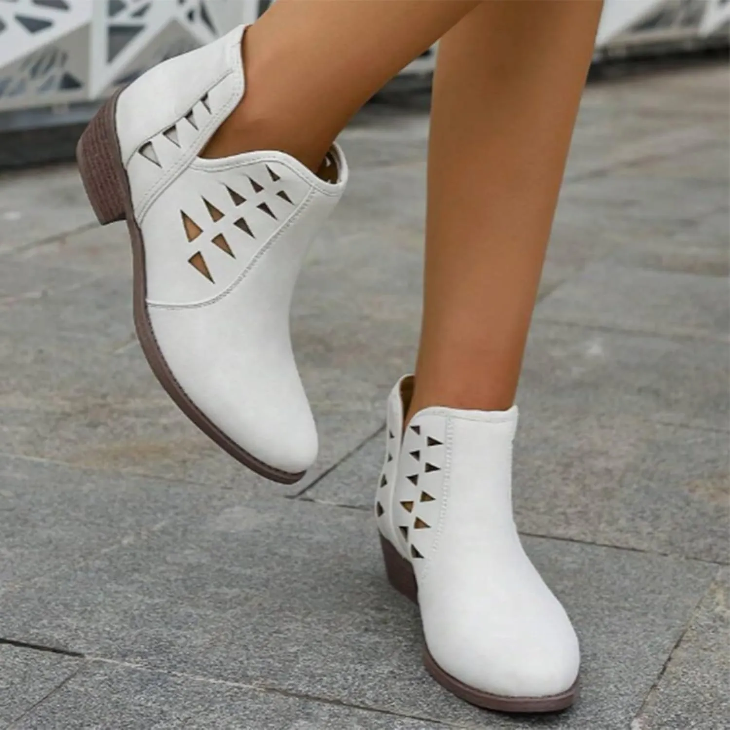 Women's Ankle Boots & Booties Low Heel Winter Boots for Women 2024 Fashion Casual V-Cut Triangle Shape Hollow Shoes