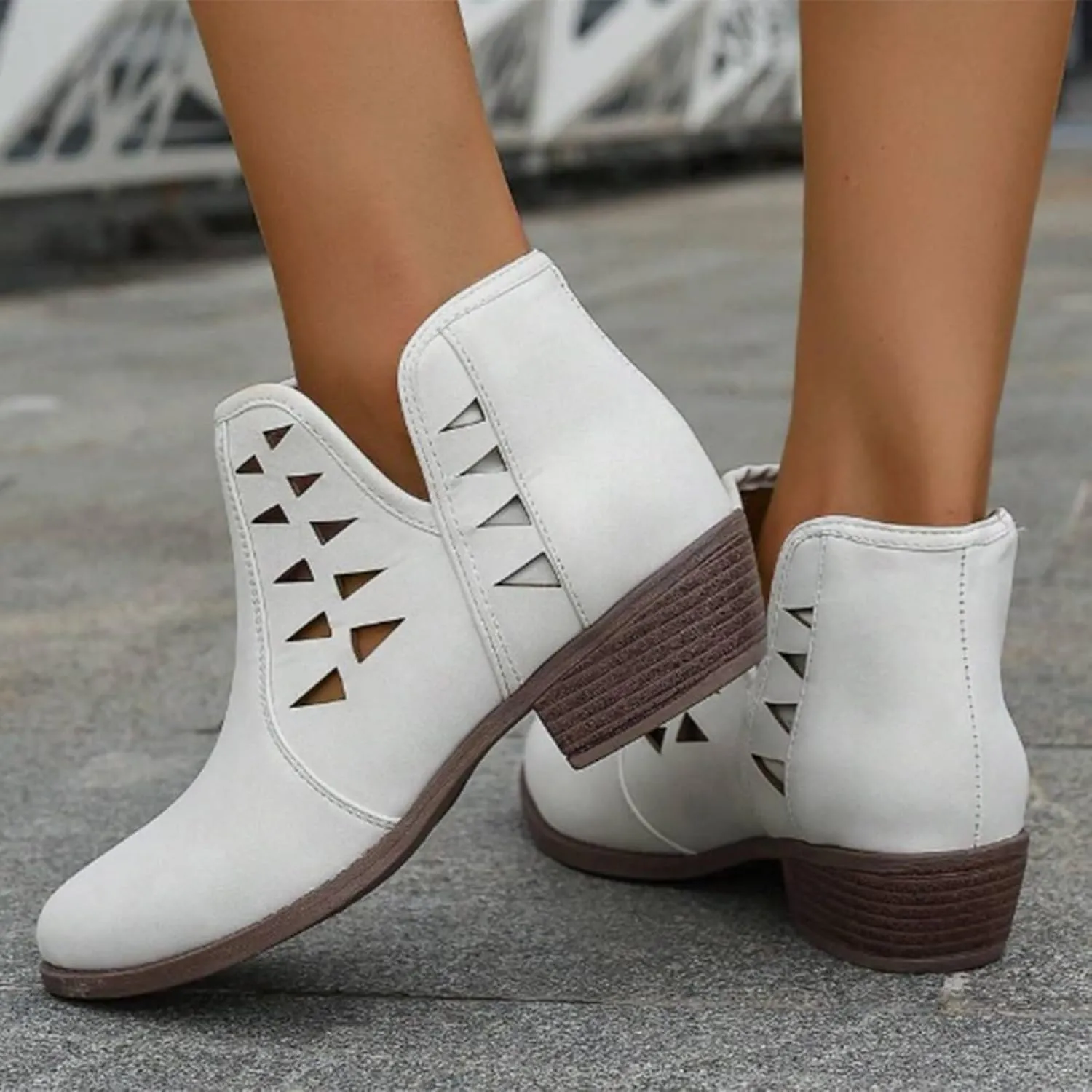 Women's Ankle Boots & Booties Low Heel Winter Boots for Women 2024 Fashion Casual V-Cut Triangle Shape Hollow Shoes