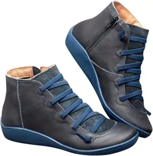 Womens Ankle Boots Flat Boots Women Round Toe Casual Comfortable Lightweight Lace up Side Zipper Plastic Women Boots