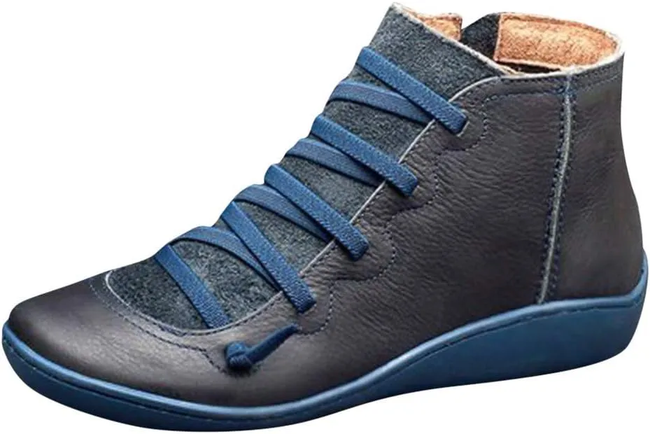Womens Ankle Boots Flat Boots Women Round Toe Casual Comfortable Lightweight Lace up Side Zipper Plastic Women Boots