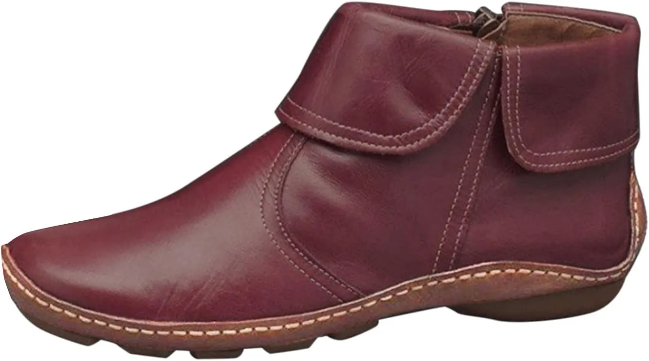 Womens Ankle Boots No Heel Arch Support Booties Side Zipper Vintage Leather Boots Flat Heel Dressy Booties