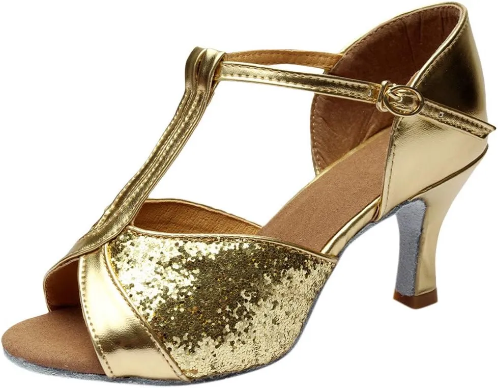 Women's Ballroom Dance Shoes Open Toe T Strap Dress Sandals Summer Slip On Fish Mouth Prom Party Wedding Performance 1920s Shoes