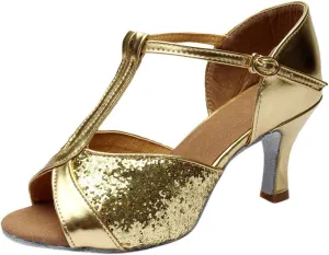 Women's Ballroom Dance Shoes Open Toe T Strap Dress Sandals Summer Slip On Fish Mouth Prom Party Wedding Performance 1920s Shoes