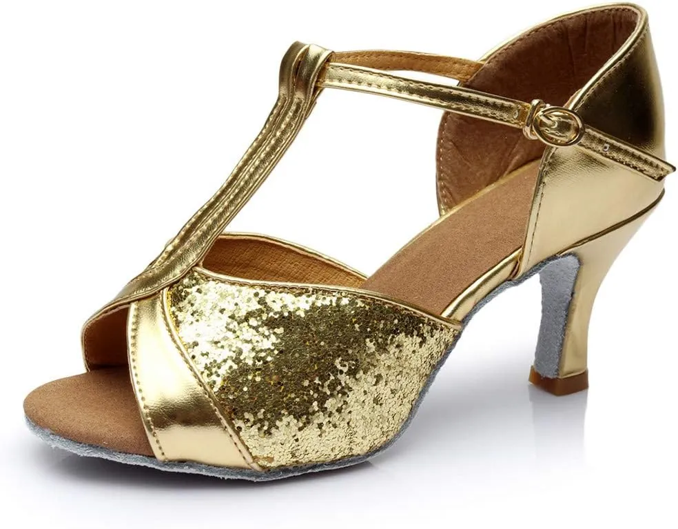 Women's Ballroom Dance Shoes Open Toe T Strap Dress Sandals Summer Slip On Fish Mouth Prom Party Wedding Performance 1920s Shoes